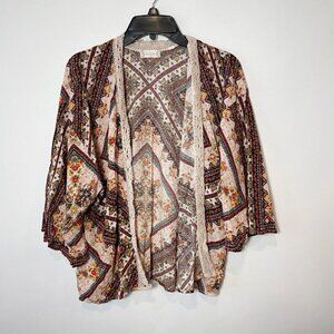 Altar'd State Womens Crochet Floral Kimono Cardigan Brown M Open Lightweight